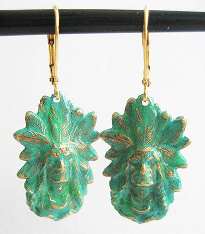 Verdigris Enamel Dangling Vintage Indian Chief Earrings - Hollee