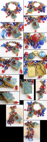 Cobalt and Ruby Glass Charm Bracelet with Ornate Locket & Key - Hollee