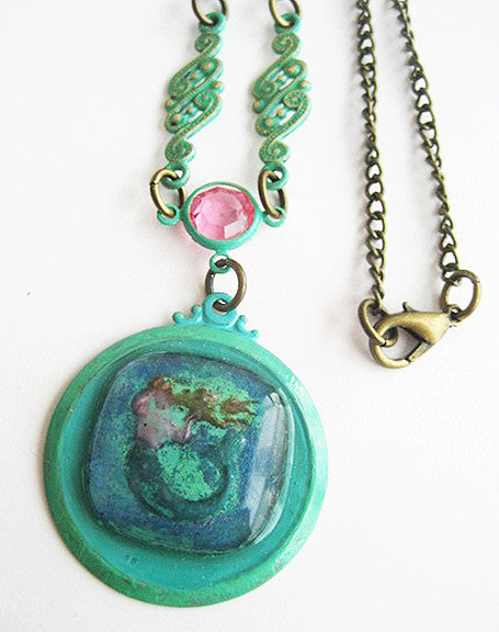 Glass Cabochon Reverse Carved Mermaid Pendant Necklace - Hollee
