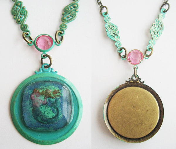 Glass Cabochon Reverse Carved Mermaid Pendant Necklace - Hollee