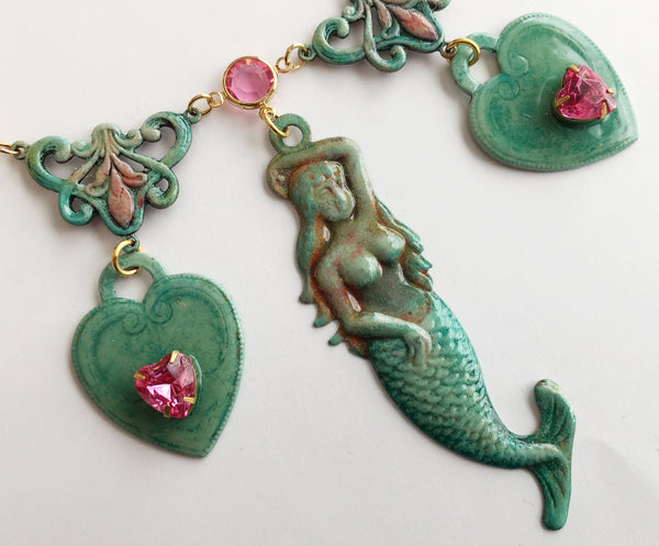 Ornate Enamel & Rhinestone Mermaid Runway Necklace - Hollee