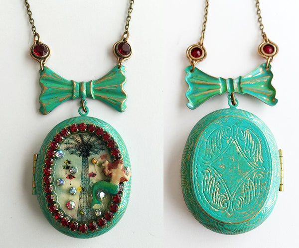 Coney Island Mermaid and Parachute Jump Rhinestone Locket Necklace - Hollee