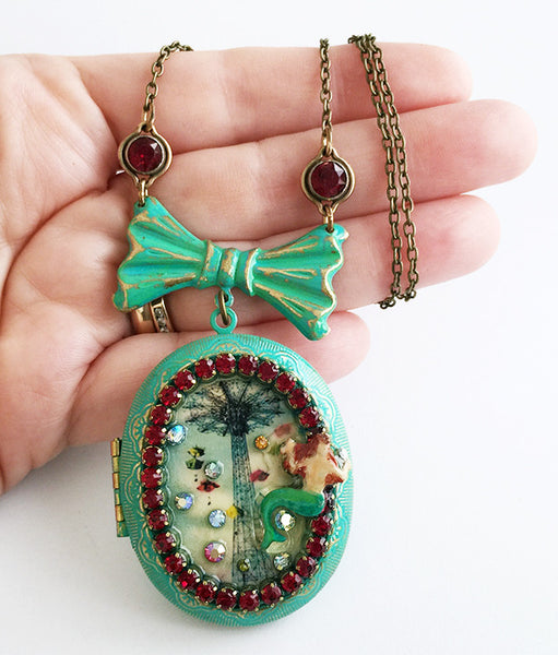 Coney Island Mermaid and Parachute Jump Rhinestone Locket Necklace - Hollee
