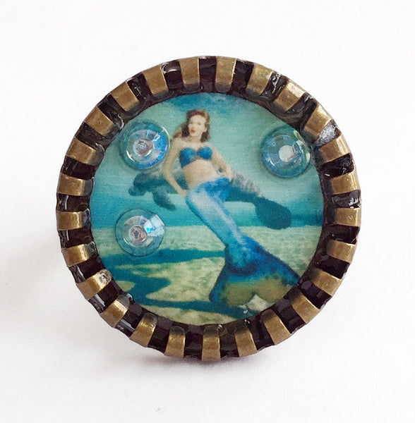 Weeki Wachee Blue Mermaid Adjustable Ring with Rhinestones v2 - Hollee