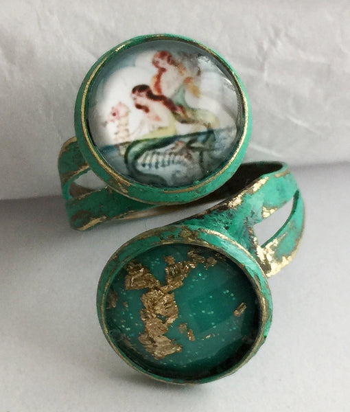 Glass Mermaid Cabochon Adjustable Wrap Ring v1 - Hollee