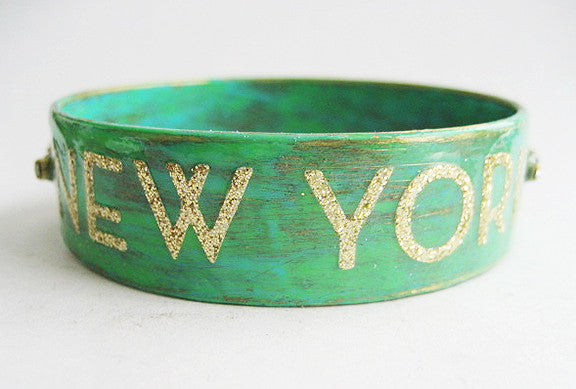 New York Enamel & Gold Glitter Bangle Bracelet with Rhinestones - Hollee