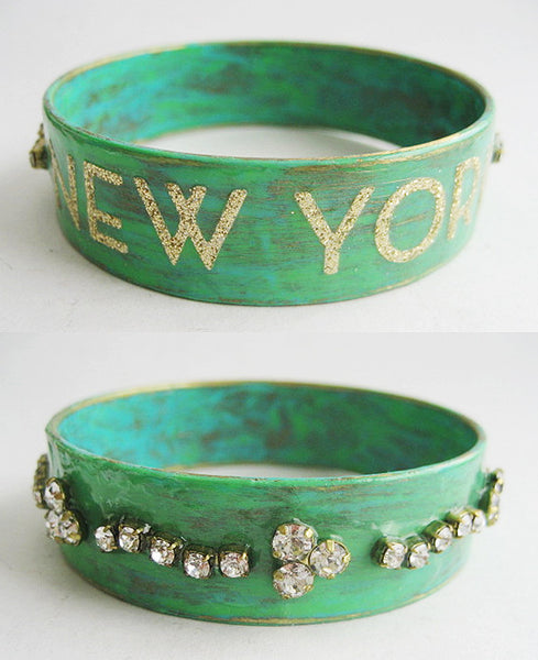 New York Enamel & Gold Glitter Bangle Bracelet with Rhinestones - Hollee