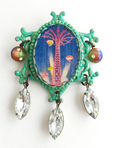 Coney Island Parachute Jump Rhinestone Dangle Pin - Hollee