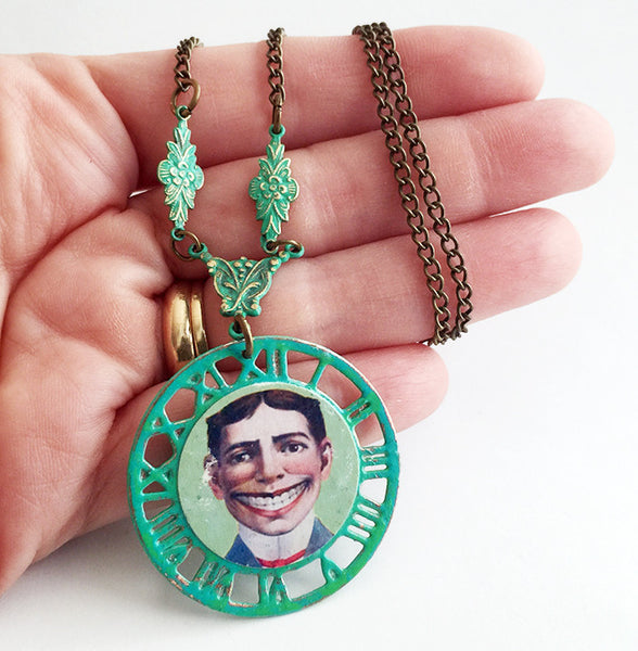 Coney Island Tillie Funny Face Clockwork Pendant Necklace - Hollee