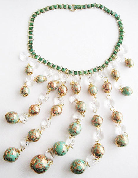 Turquoise Gold Spatter Bead & Crystal Bib Runway Necklace - Hollee