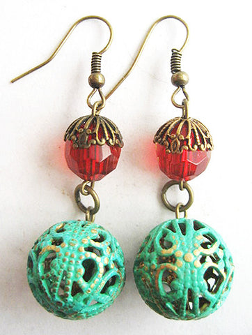 Verdigris Enamel Filigree Ball & Red Crystal Bead Earrings - Hollee