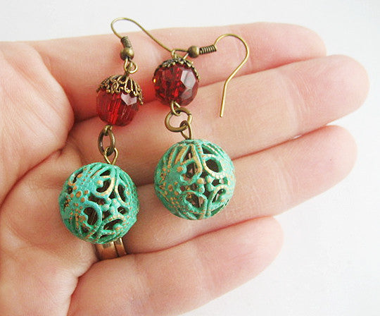 Verdigris Enamel Filigree Ball & Red Crystal Bead Earrings - Hollee