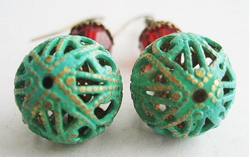 Verdigris Enamel Filigree Ball & Red Crystal Bead Earrings - Hollee