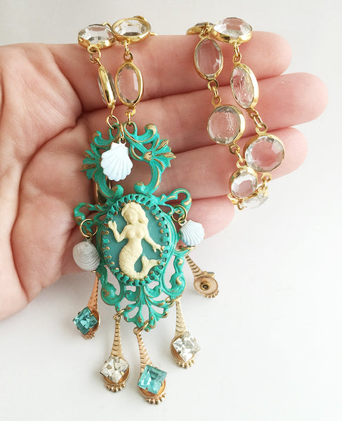 Turquoise Enamel Mermaid Cameo Pendant Necklace with Crystal Bezel Chain - Hollee
