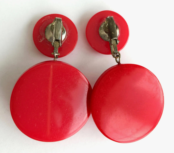 Vintage Mod Red & White Plastic Dot Drop Clip Earrings - Hollee