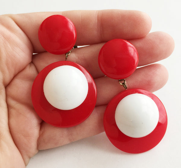 Vintage Mod Red & White Plastic Dot Drop Clip Earrings - Hollee