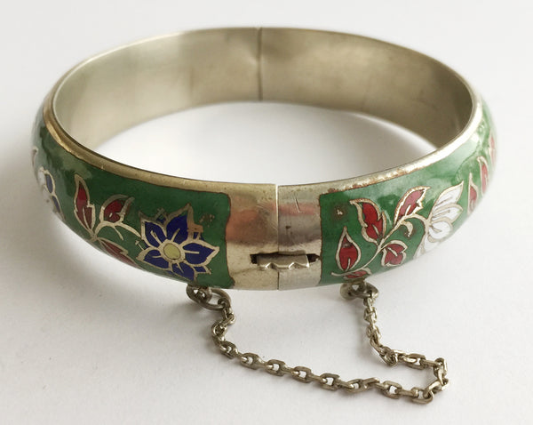 Vintage Cloisonné Enamel Flower Hinged Bangle Bracelet - Hollee