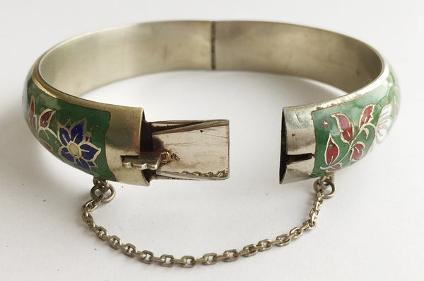 Vintage Cloisonné Enamel Flower Hinged Bangle Bracelet - Hollee