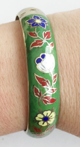 Vintage Cloisonné Enamel Flower Hinged Bangle Bracelet - Hollee