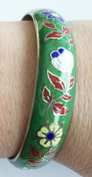 Vintage Cloisonné Enamel Flower Hinged Bangle Bracelet - Hollee