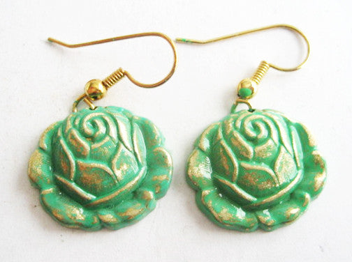 Verdigris Enamel Dangling Rose Flower Earrings - Hollee