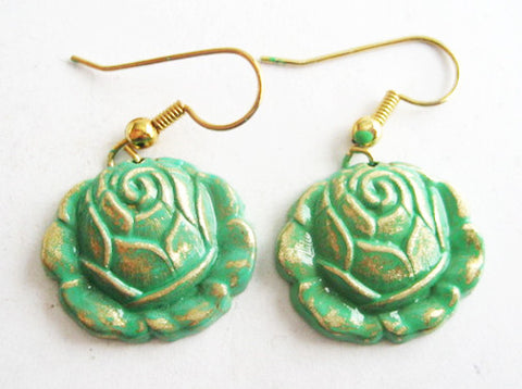 Verdigris Enamel Dangling Rose Flower Earrings - Hollee