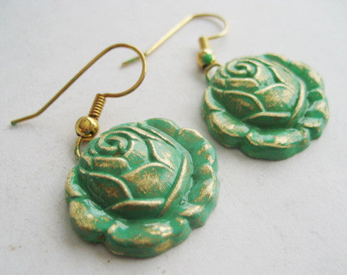 Verdigris Enamel Dangling Rose Flower Earrings - Hollee