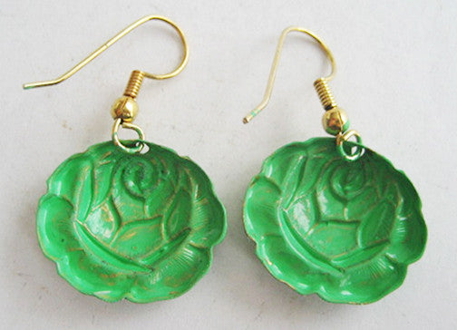 Verdigris Enamel Dangling Rose Flower Earrings - Hollee