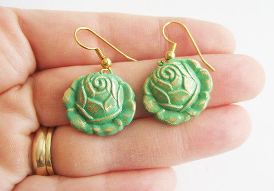 Verdigris Enamel Dangling Rose Flower Earrings - Hollee