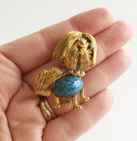 Vintage Figural Dog Pin with Turquoise and Pearls - Hollee